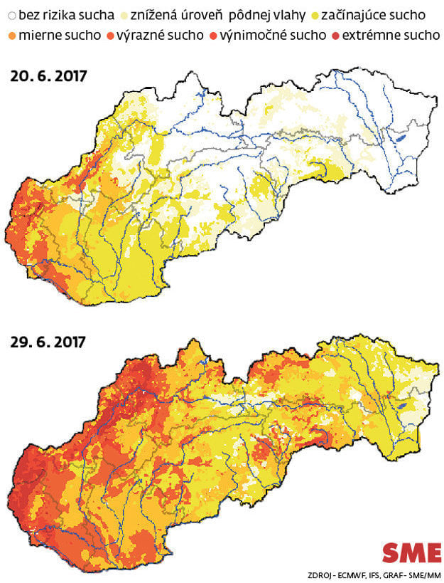 Maps of droughts on the territory of Slovakia, June 20 and June 29, 2017.