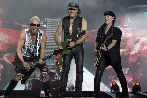 Rudolf Schenker, from left, Matthias Jabs and Klaus Meine, of the band Scorpions perform at the Rock in Rio music festival in Rio de Janeiro, Brazil, early Saturday, Oct. 5, 2019.