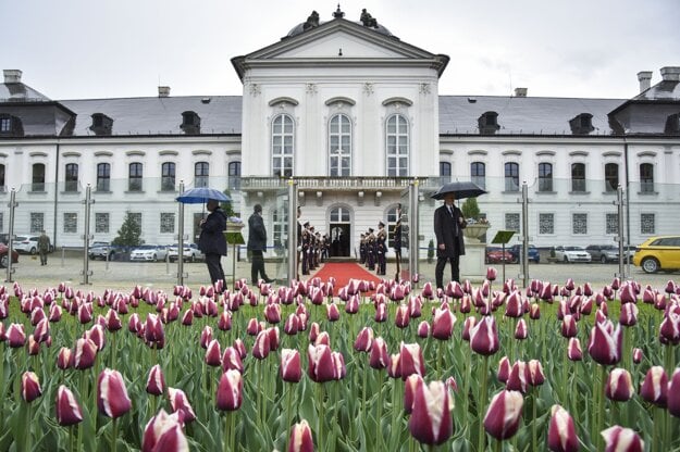 Tulips named Slovakia bloom in the garden of the Presidential Palace in Bratislava in April 2018.