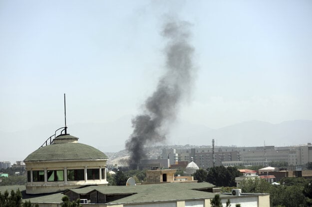 Smoke rises next to the US Embassy in Kabul, Afghanistan, on Sunday, August 15, 2021. Taliban fighters entered the outskirts of the Afghan capital on Sunday, further tightening their grip on the country as panicked workers fled government offices and helicopters landed at the embassy.