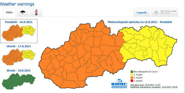 SHMÚ weather warnings for August 16 and 17, 2021.