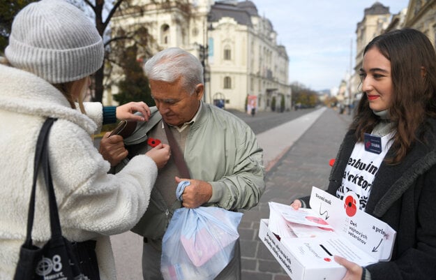 Volunteers sell remembrance poppies to people on the streets of eight Slovak regional capitals on Remembrance Day, November 11, to never forget those who served and sacrificed themselves.