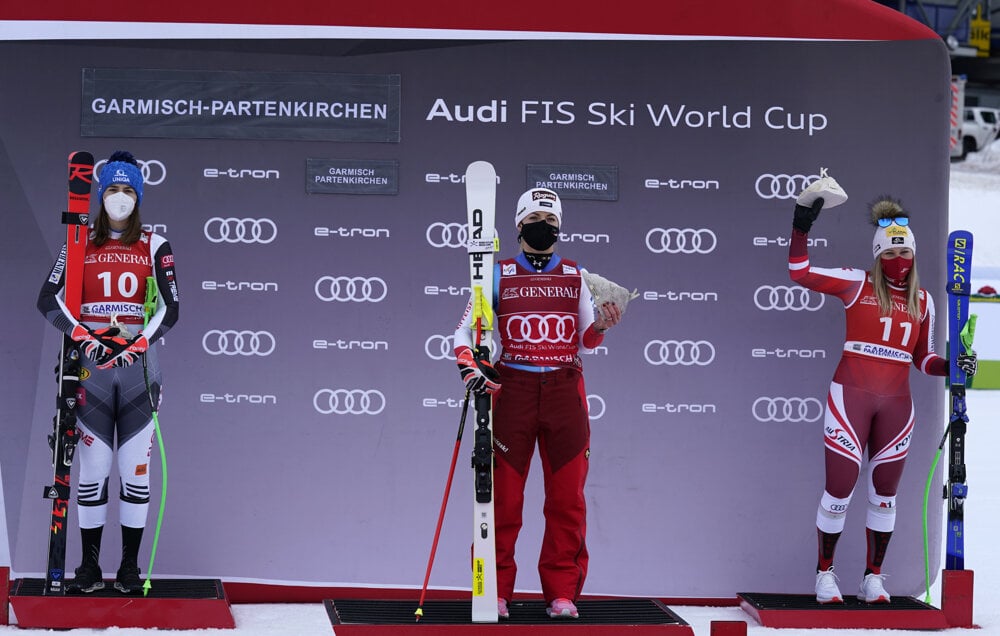 l-r: Second placed Slovakia's Petra Vlhova, first placed Switzerland's Lara Gut-Behrami and third placed Austria's Tamara Tippler stand on the podium of an alpine ski, women's World Cup super-G race in Garmisch-Partenkirchen.