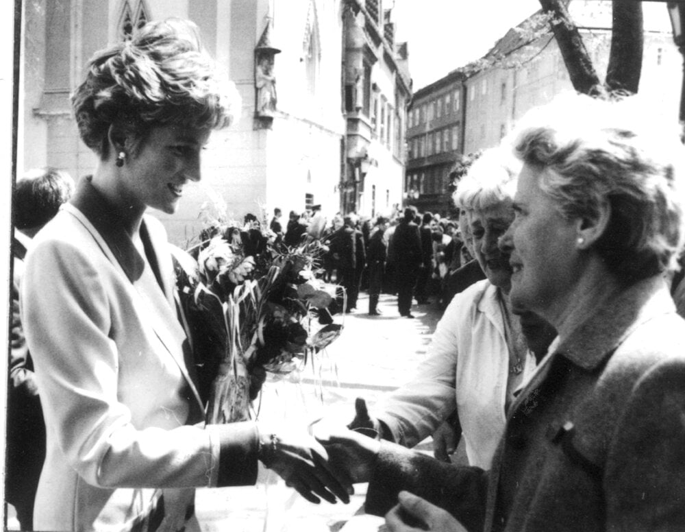 Princess Diana talks to Bratislava residents during her visit to the city.