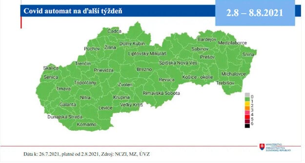 Mapa okresov z pondelka 2. augusta 2021.