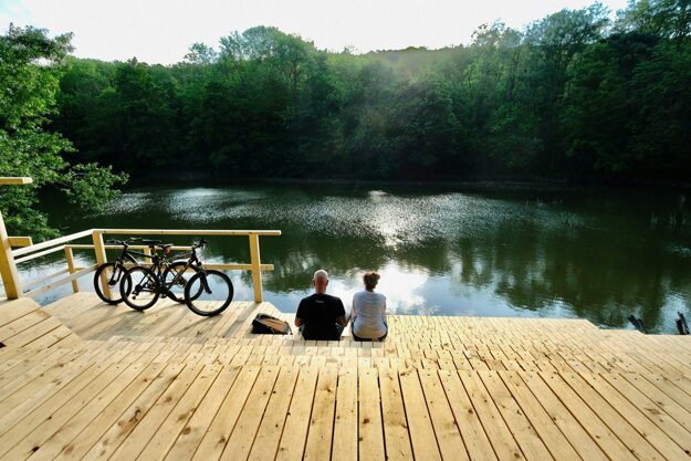 The new wooden stairs at one of the ponds in the Železná Studnička recreational area in Bratislava.