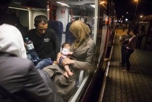 Refugees on a train in Hungary. 