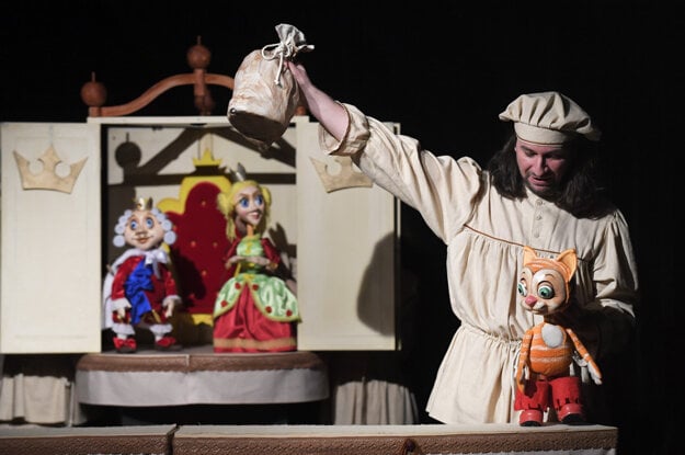 Actor Peter Creek Orgován rehearses a puppetry show at the puppetry theatre in Košice.