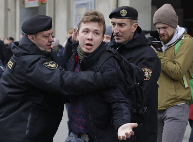 Belarus police detained journalist Raman Pratasevich (centre) in Minsk, Belarus, on May 23. 