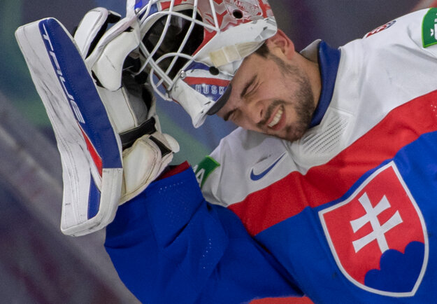 Slovak goalie Adam Húska after Canada managed to send the fifth goal behind his back and to the net on May 16, 2022. Slovakia lost to Canada 5-1. It was Slovakia's third game at the world hockey championship.