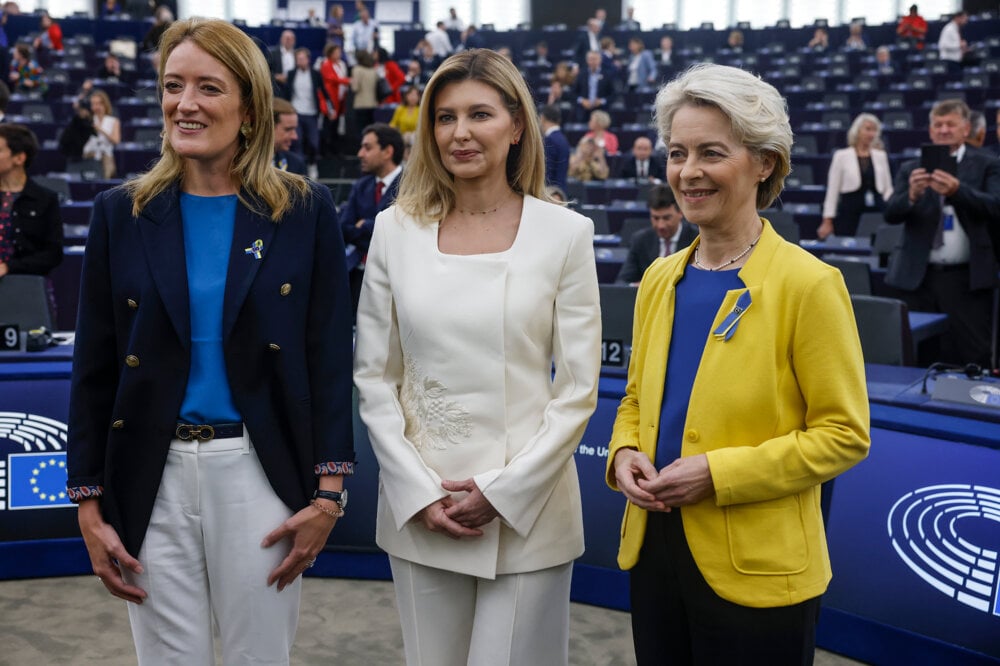 European Parliament President Roberta Metsola, left, Olena Zelenska, the first lady of Ukraine, centre, and European Commission President Ursula von der Leyen pose for photographers at the European Parliament in Strasbourg, France, Wednesday, September 14, 2022.