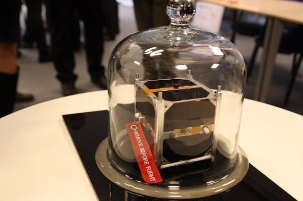 SkCUBE satellite being presented at a press conference on January 7, 2016.