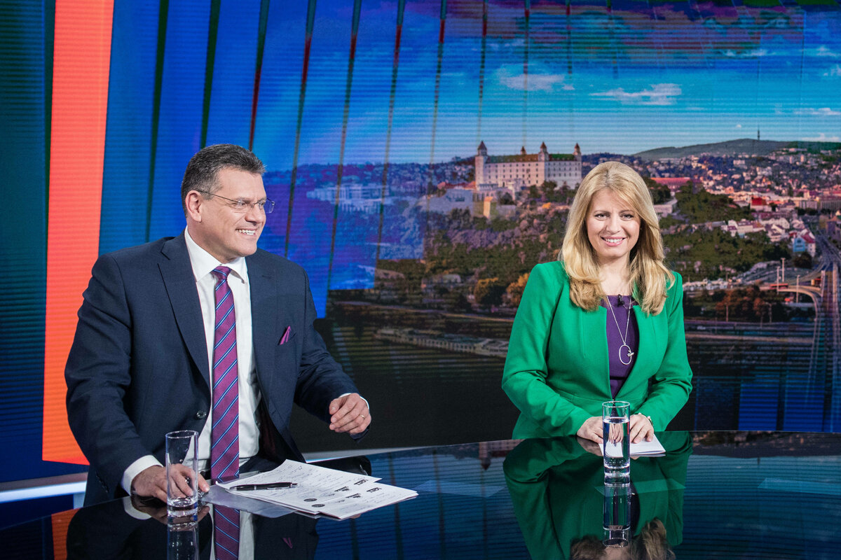 Zuzana Čaputová and Maroš Šefčovič in one of the debates organised by private broadcaster TV Markíza