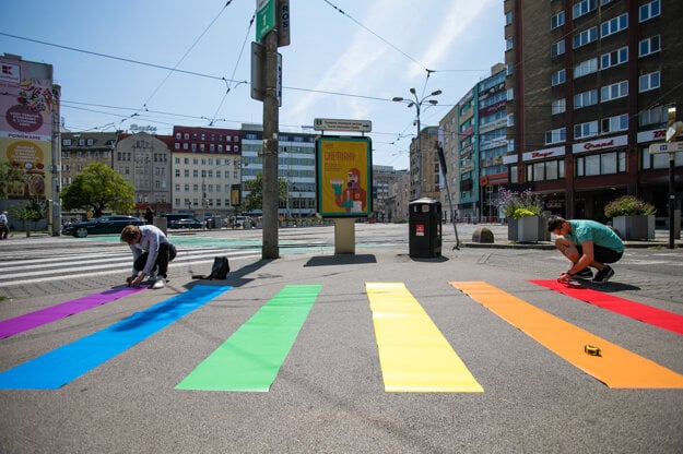Installation of the rainbow pedestrian crossing ahead of the Bratislava Rainbow Pride March 2019.