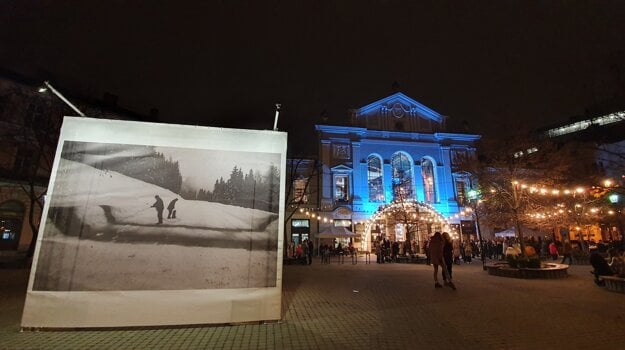 The Festival of Snow by Miloš Urbásek, Alex Mlynárčik and Milan Adamčiak in front of Stará Tržnica. 