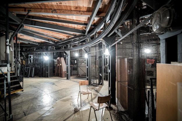 Space under the stage at the old Slovak National Theatre building, with a turntable that works unpredictably.