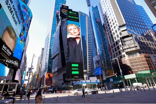 Ela Tolstova from the Tolstoys band on a Times Square billboard on March 22, 2022.