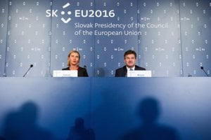 Federica Mogherini and Miroslav Lajčák at their joint press conference in Bratislava, during Slovak presidency of EU Council.