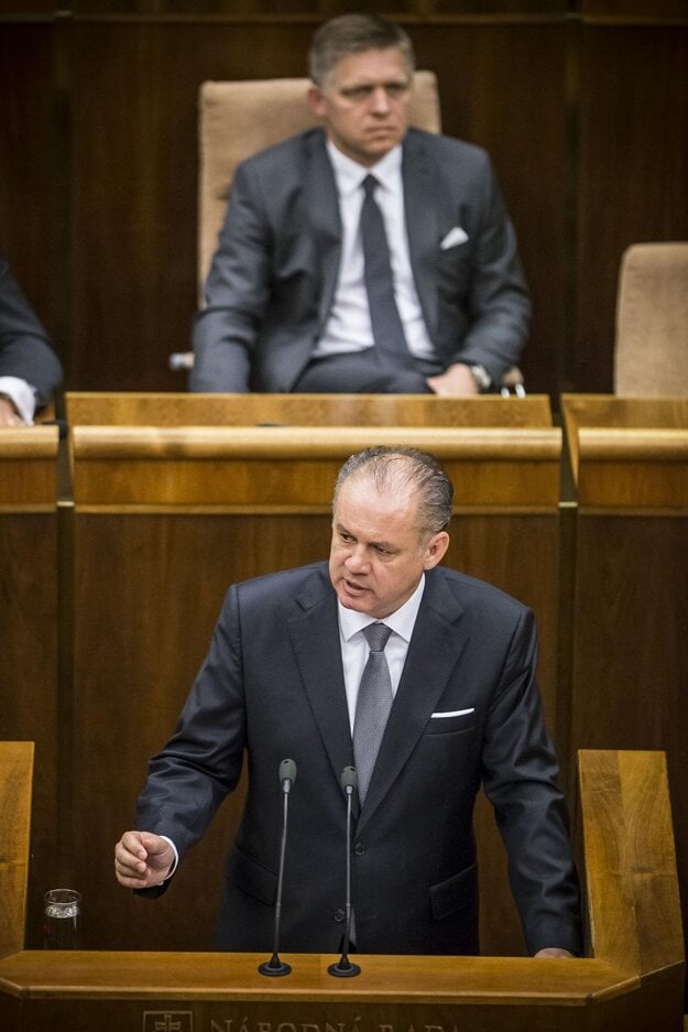 Kiska's former rival, PM Robert Fico, listens to the state of the republic address in parliament. 