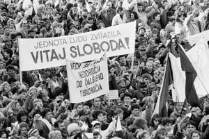 A photo portrays the atmosphere during the Velvet Revolution on November 17, 1989