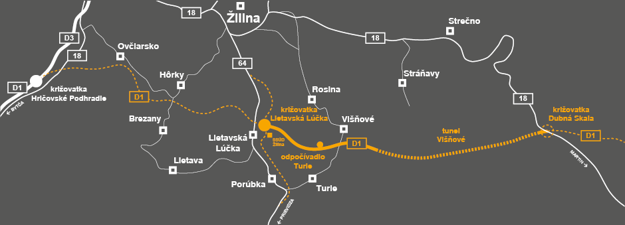 A map of the D1 stretch construction. It runs from crossroads/križovatka Lietavská Lúčka, via rest stop/odpočívadlo Turie and Višňové tunnnel, to crossroads Dubná Skala.