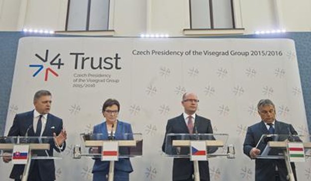V4 Prime Ministers: (R-L) Viktor Orbán-Hungary; Bohuslav Sobotka-Czech Republic; Ewa Kopaczová-Poland; and Robert Fico, after the V4 summit.