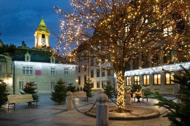 Christmas lights on Primaciálne Square in Bratislava.