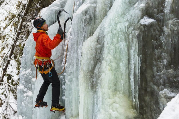 Michal Sabovčík from Spišská Nová Ves climbs an icefall near the Kyseľ Gorge in the national park Slovenský raj (Slovak Paradise) on January 26, 2021.