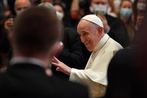 The Pope meeting with bishops, priests, religious, consecrated persons, seminarians, and catechists at the Cathedral of St. Martin in Bratislava.