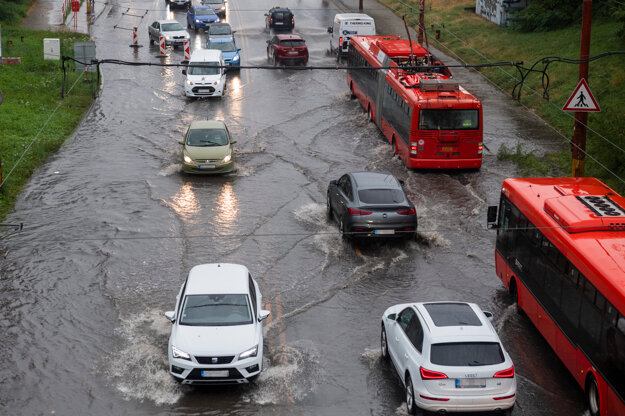 Gagarinova Street in Bratislava was flooded on Monday afternoon.