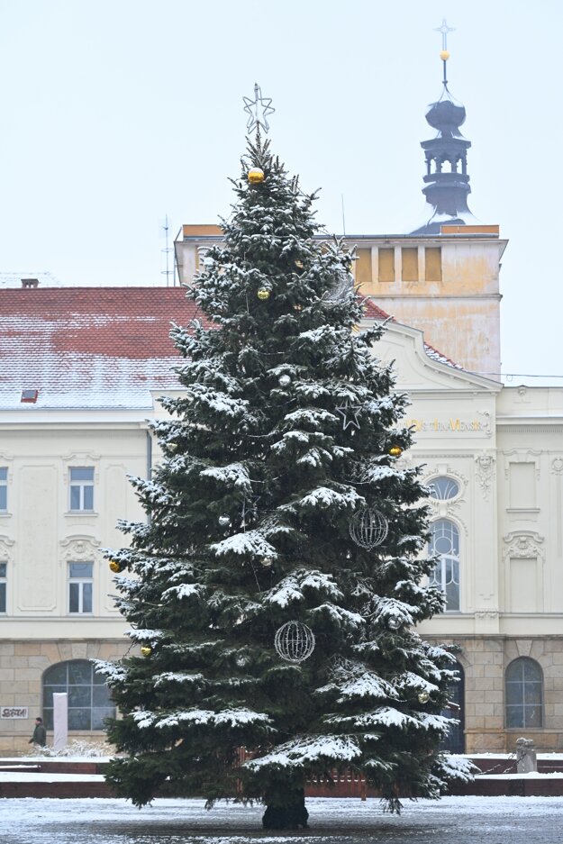 Trnava's Christmas tree is covered in snow on December 5, 2021.