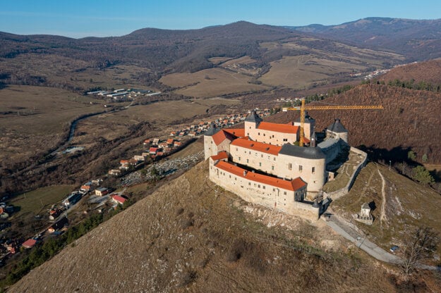Krásna Hôrka Castle, seen in this aerial photo from November 23, 2021, was reconstructed after a 2012 fire. A crane used during the castle repairs was removed from the castle.
