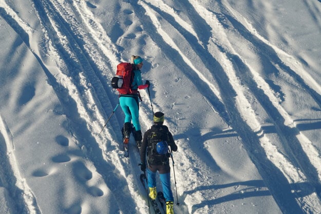 Ski mountaineers during the ascent to the Martinské Hole ski resort, Žilina Region, central Slovakia.