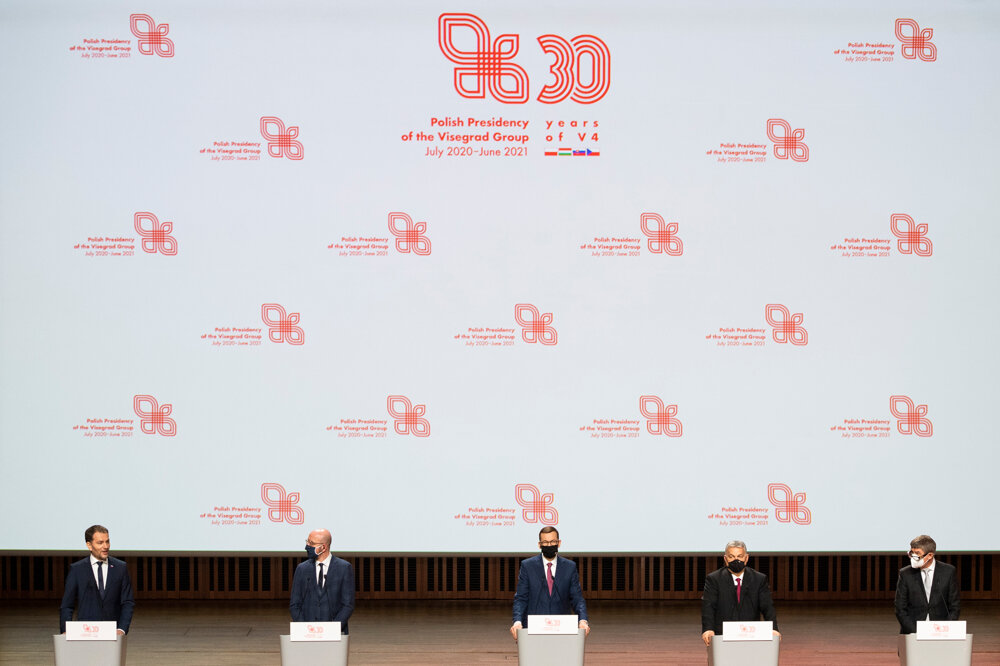 From left: Slovak PM Igor Matovič, EU Council President Charles Michel, Polish PM Mateusz Morawiecki, Hungarian PM Viktor Orbán, Czech PM Andrej Babiš met in Krakow, Poland, on February 17, 2021, to mark 30 years since the establishment of the Visegrad Group.