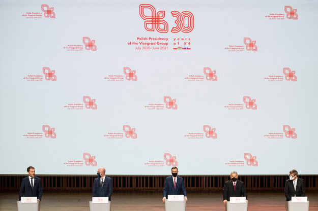 Slovak PM Igor Matovič, EU Council President Charles Michel, Polish PM Mateusz Morawiecki, Hungarian PM Viktor Orbán, Czech PM Andrej Babiš met in Krakow, Poland, on February 17, 2021, to mark 30 years since the establishment of the Visegrad Group.