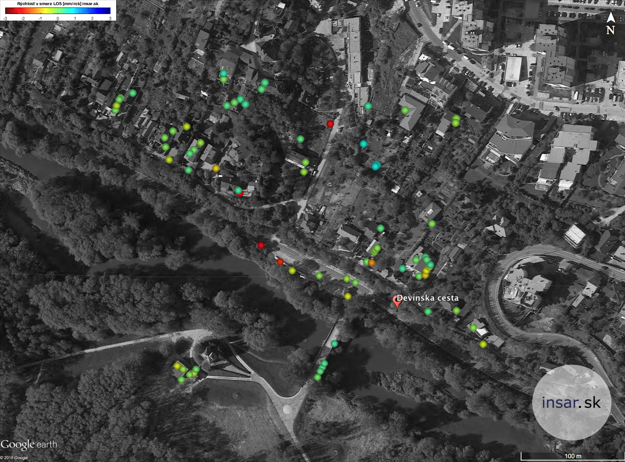 Vertical movement of one stretch of the Devínska Cesta road (red dots) captured by TerraSAR-X satellite.