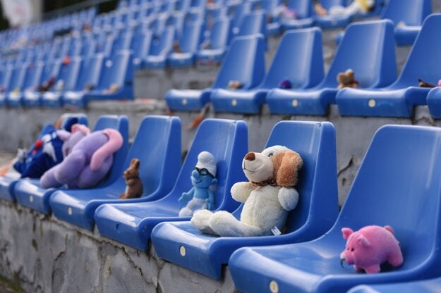 Plush toys as the audience during the football match between Senica and Sereď.