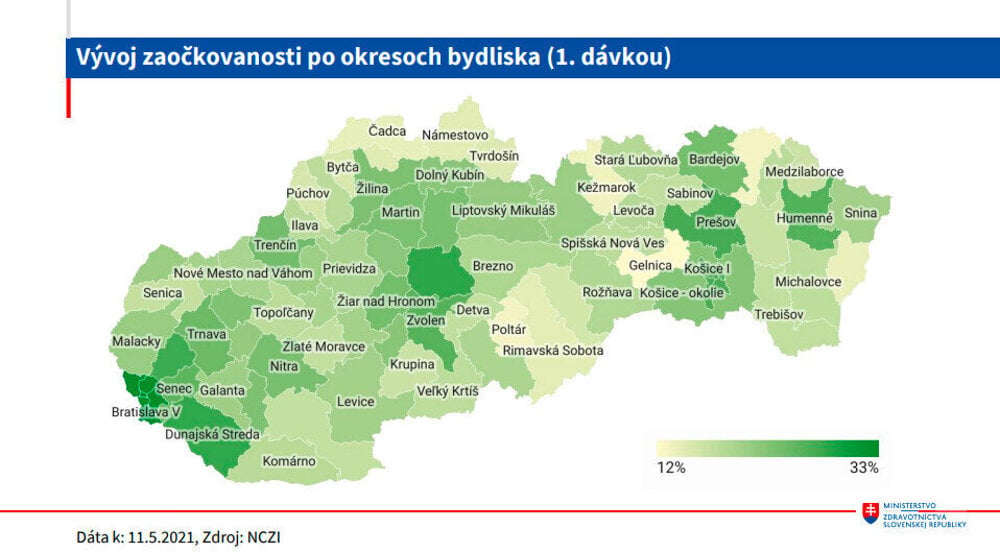 The map of districts with residents vaccinated with the first Covid vaccine shot.