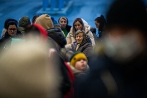 People fleeing war in Ukraine at the border crossing in Vyšné Nemecké, eastern Slovakia. 