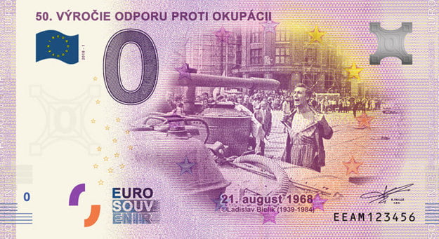 Zero Euro with the iconic photo “The Bare-chested Man in Front of the Occupiers Tank” by Ladislav Bielik.
