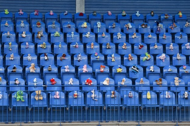 Plush toys in the Senica football stadium seats cheer for FK Senica and ŠKF Sereď during round 9 of the top football Fortuna League on November 17, 2020.