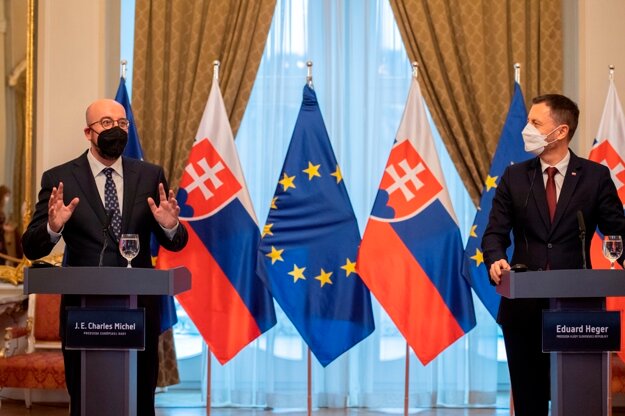 President of the European Council Charles Michel and Slovak PM Eduard Heger during a joint press conference in Bratislava.