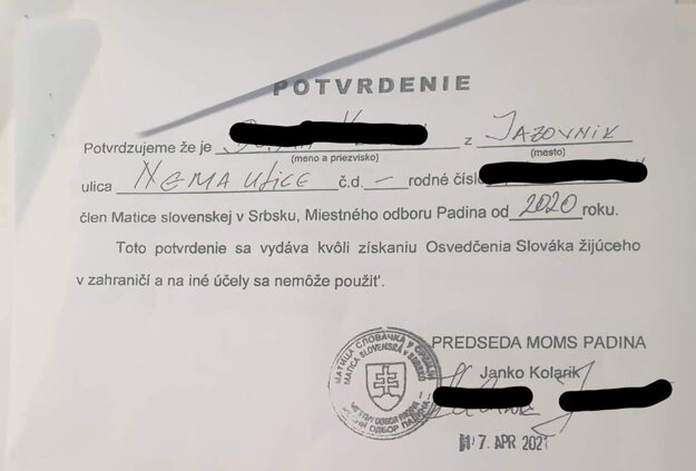 A document issued by Matica Slovenská in Serbia's Padina branch in 2020 to a person that could use it to obtain the status of a Slovak living abroad.