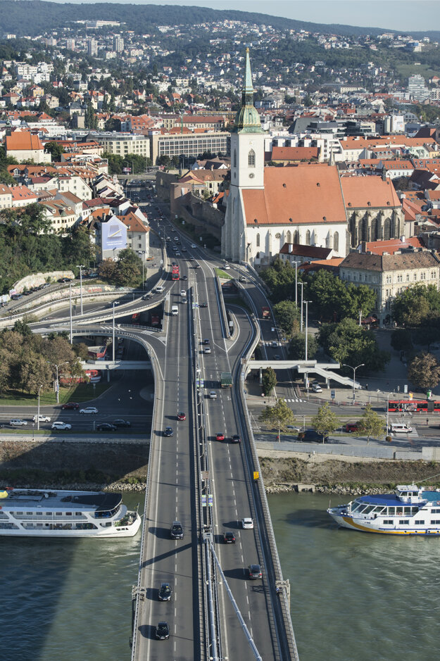 A view of St. Martin's Cathedral from the SNP Bridge in Bratislava.