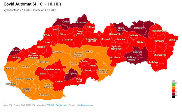 Mapa regiónov na základe automatu Covid k 4. októbru.