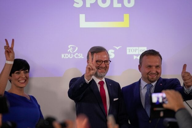 The leaders of three parties that are part of the winning coalition Spolu; l-r: Markéta Pekarová Adamová of TOP 09, Petr Fiala of ODS and Marian Jurečka of KDU-ČSL.