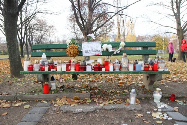 The bench on Račianske Mýto Square where Miroslav Meky Žbirka used to sit and play and sing. 