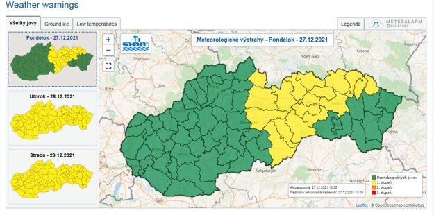 SHMÚ warnings for December 27-29, 2021.