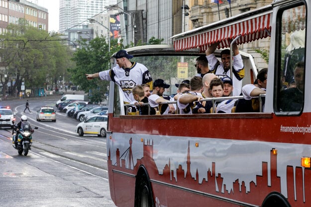 Slovan Bratislava ice-hockey players are celebrating their trophy on May 3, 2022, in the streets of Bratislava.