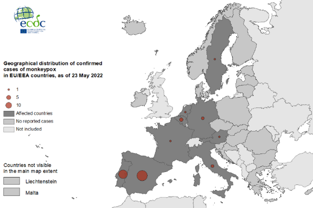 Geografické rozloženie potvrdenej opičej chrípky v krajinách EÚ/EHP k 23. máju 2022.